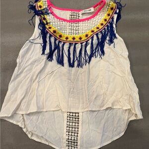 Do+Be Women's White Top with Blue Fringe. Size S